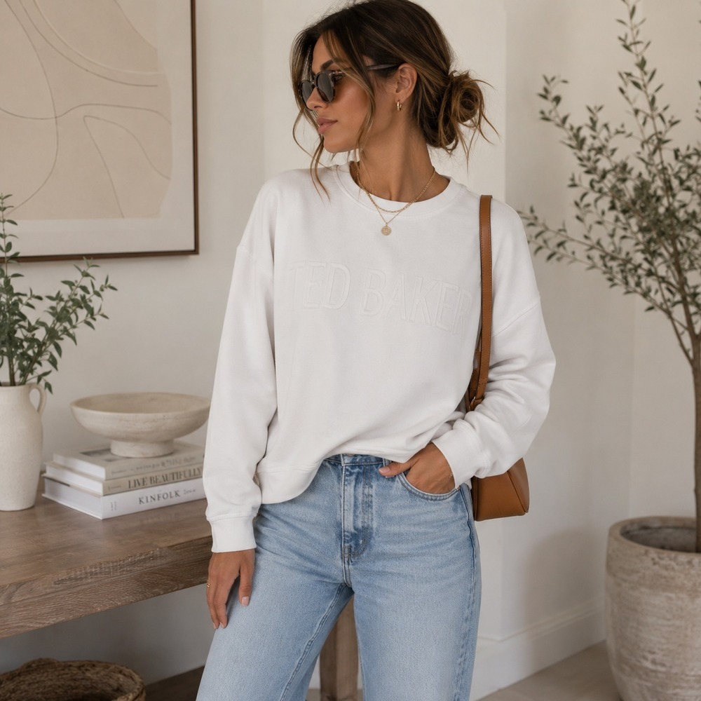 Ted Baker Lorito Sweatshirt Women M White Embossed Logo Cotton Crewneck Designer